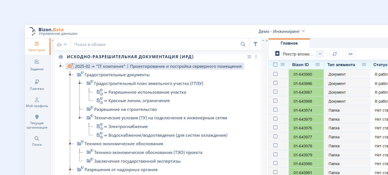 Рабочая область Bizon.help